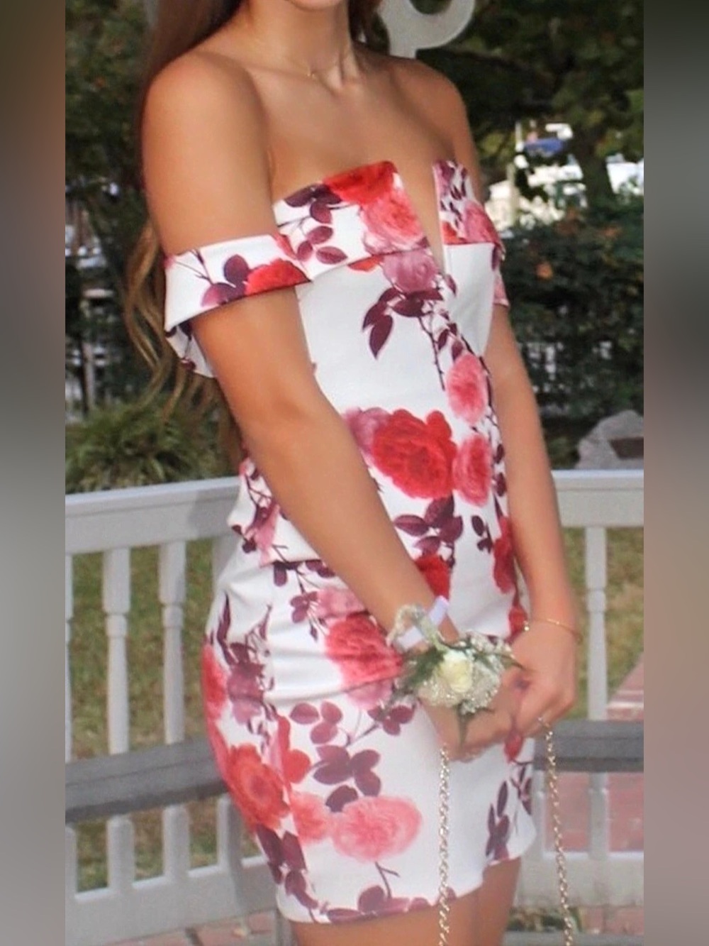 Floral Off-Shoulder Mini Dress in White & Pink - Homecoming, Cocktail, Wedding